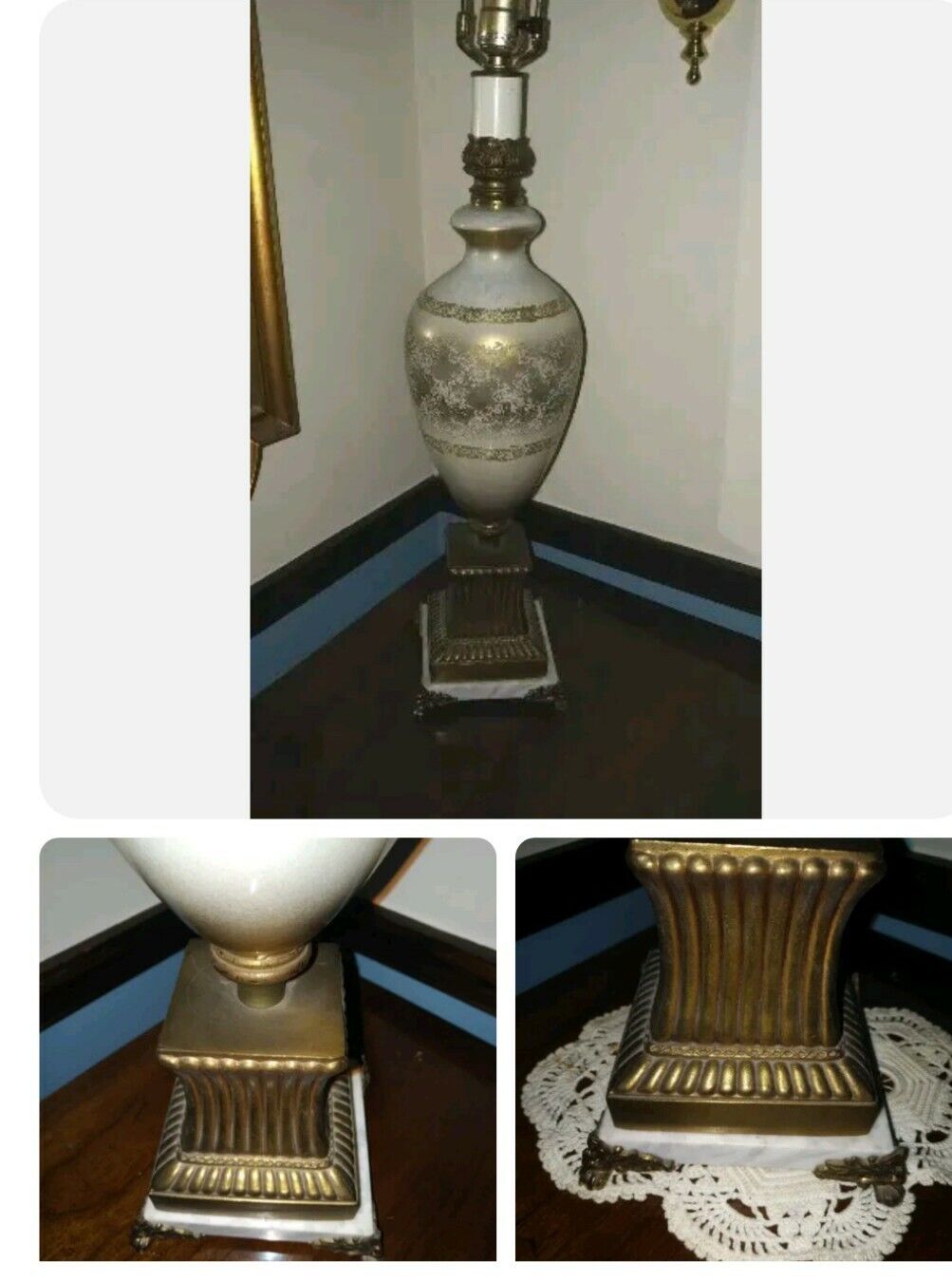 Vintage Hollywood Regency Lamp Gold & White Reverse Painted Marble Footed Base