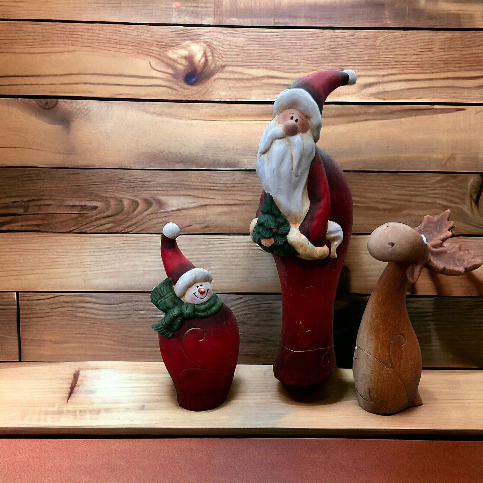 Vintage Reindeer,  Santa & snowman ceramic figures By Sterling 13”,9”&8”