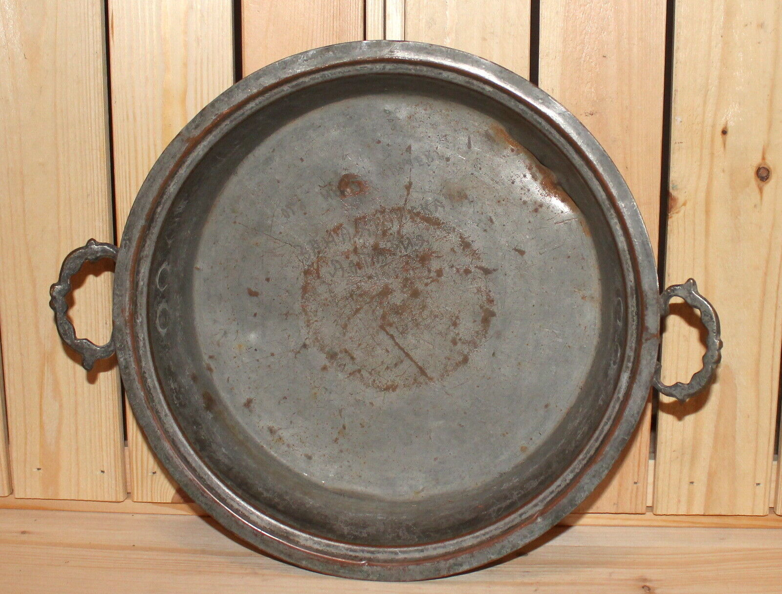 Antique Bulgarian folk hand made tinned copper baking dish platter