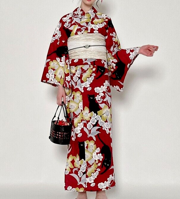 Grail Kimono Yukata Obi Set Color Red Cat Dress Summer Clothes Japan