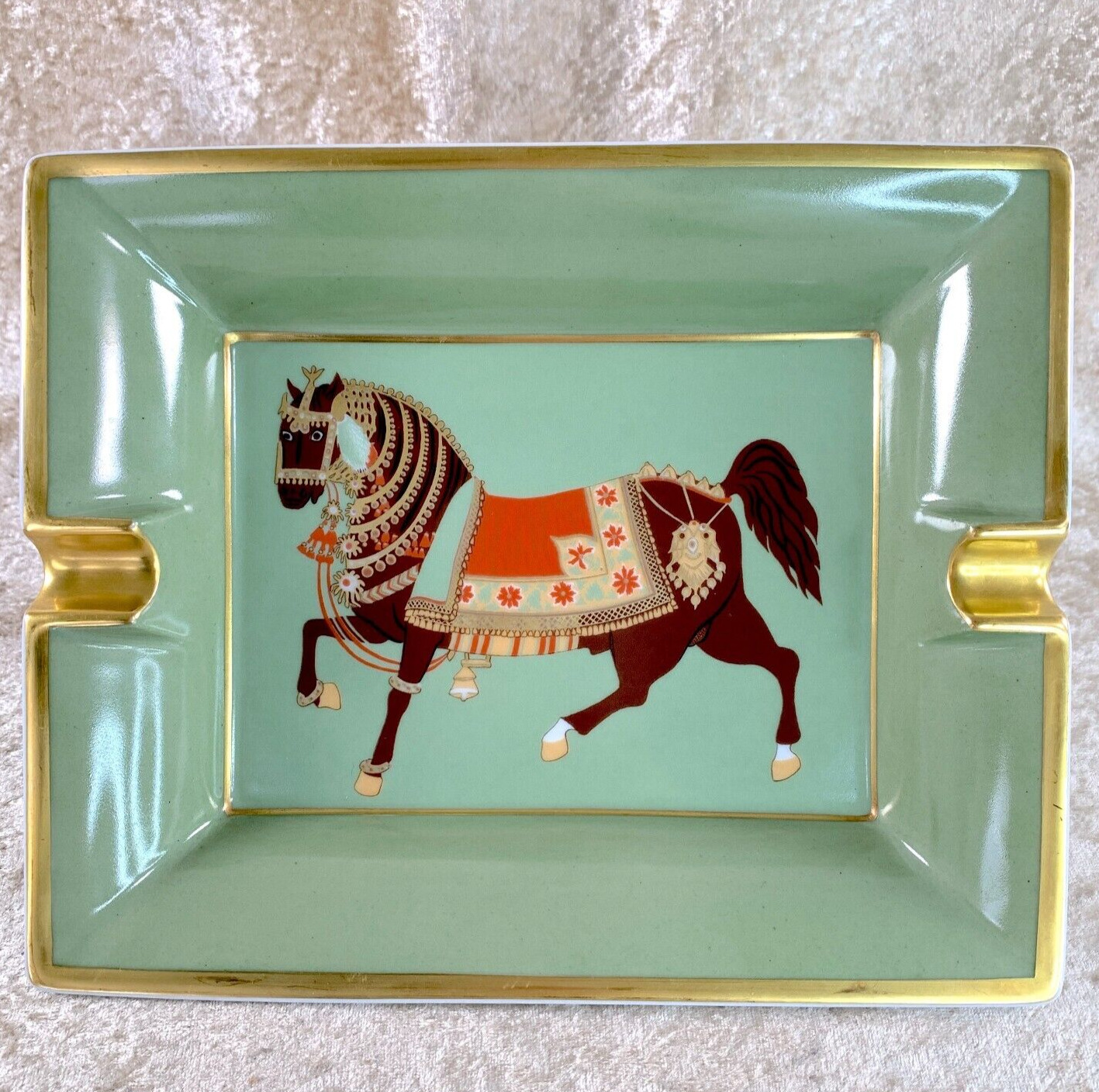HERMES PARIS Porcelain Ashtray Horse Green Change Tray 16 x 20 cm