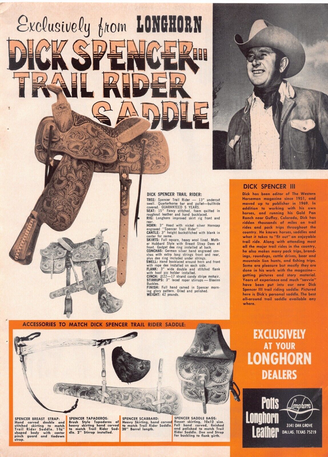 Potts Longhorn Leather Cowboy Dick Spencer Western Horse Equip Vintage Print Ad