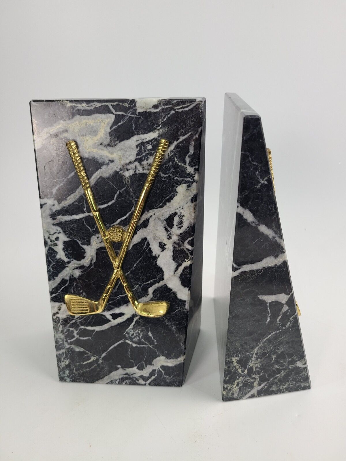 Pair of Vintage MCM Retro Art Deco Onyx or Marble Bookends with Golf Club Noymer