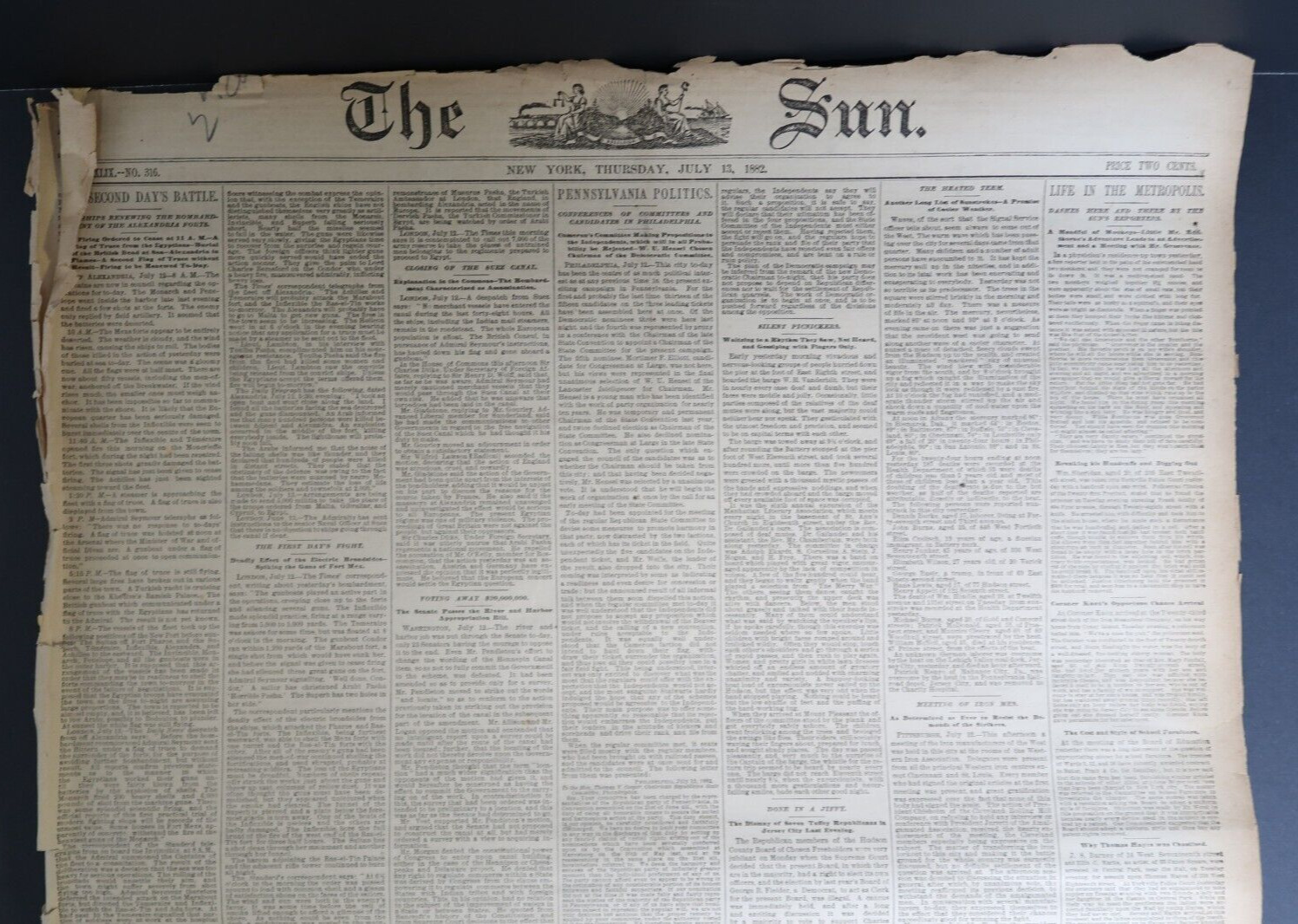 The Sun New York July 13th 1882 Newspaper 2nd Day Politics Pennsylvania Politics