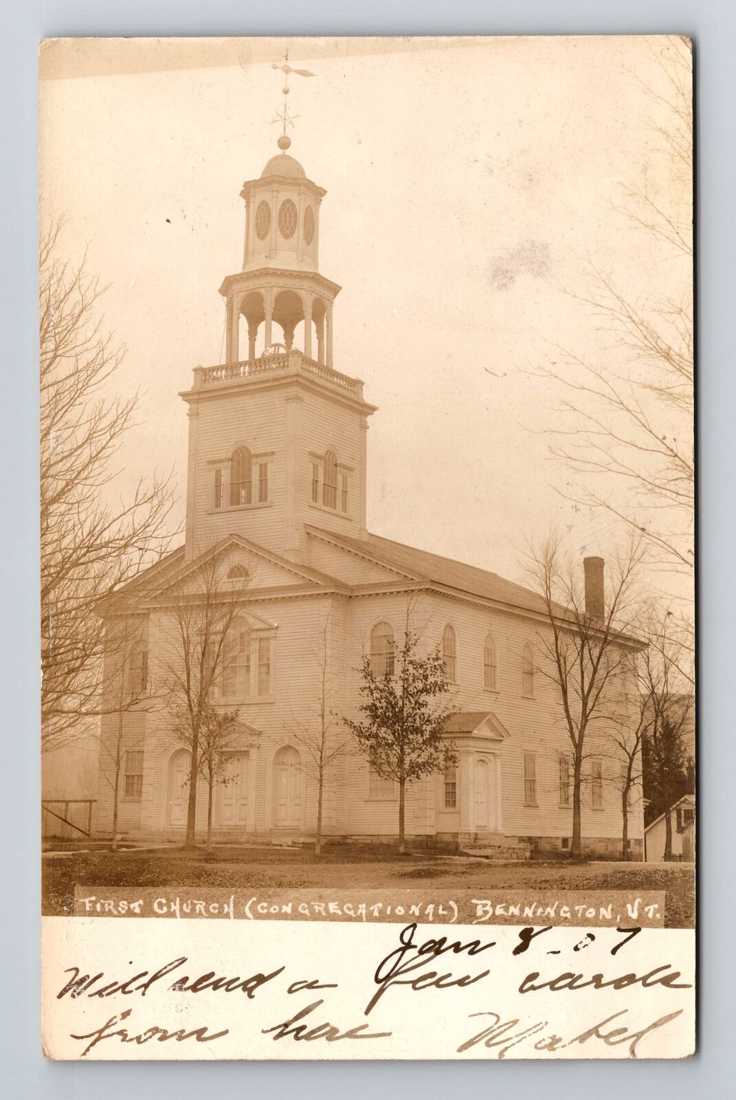 Bennington VT-Vermont RPPC First Cong. Church Real Photo c1907 Vintage Postcard