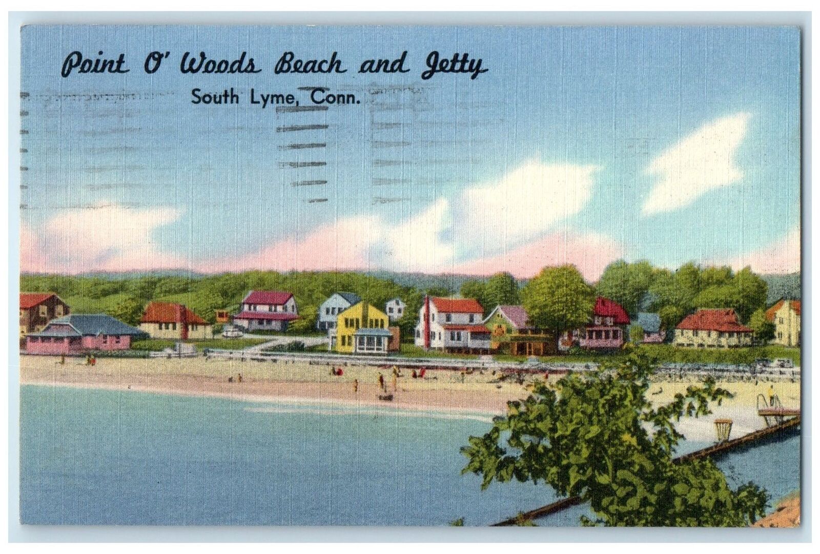 1960 Point O Woods Beach & Jetty Swimming People South Lyme Connecticut Postcard