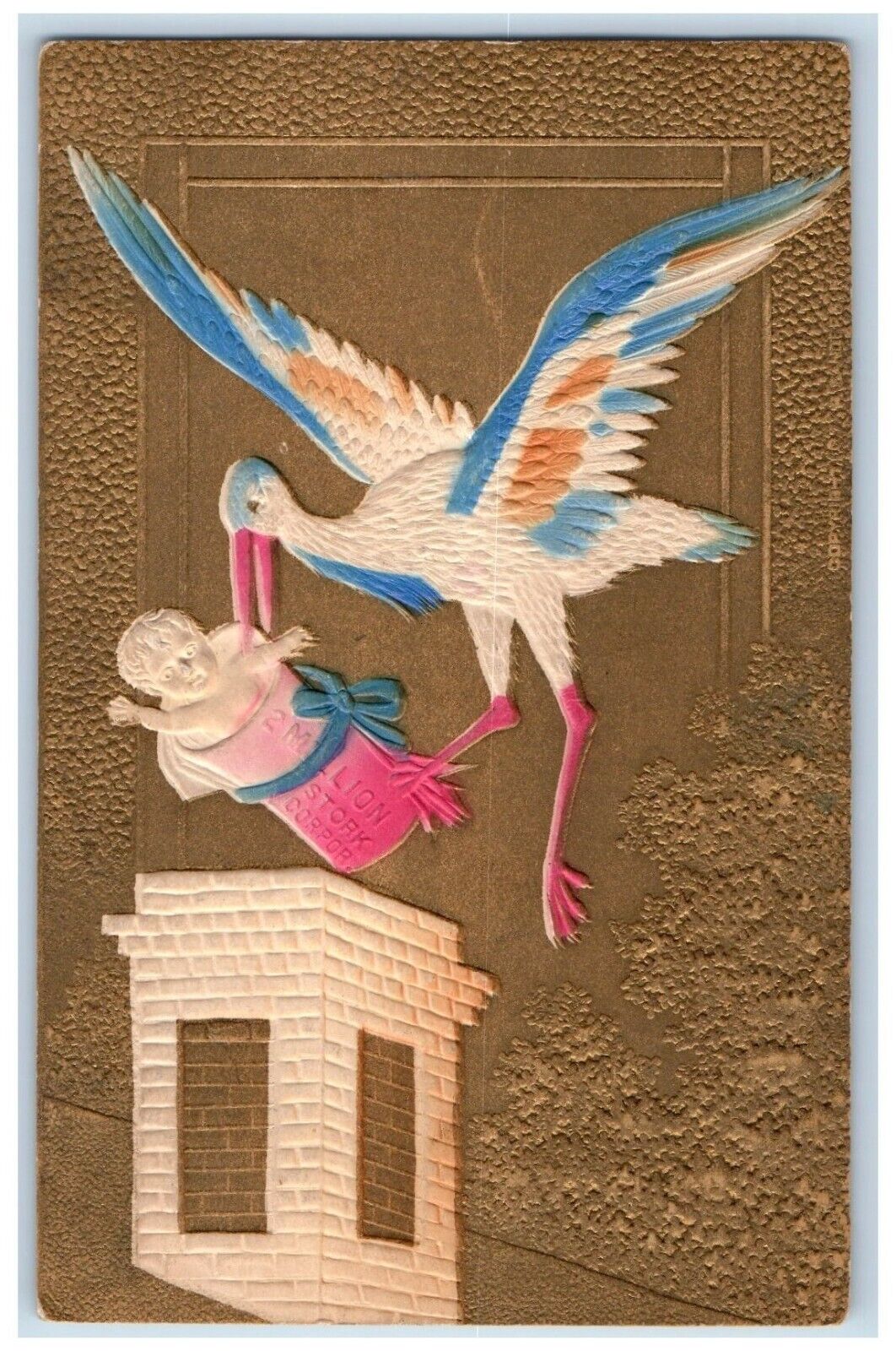 c1910\'s Stork Delivering Baby Airbrushed Embossed Unposted Antique Postcard
