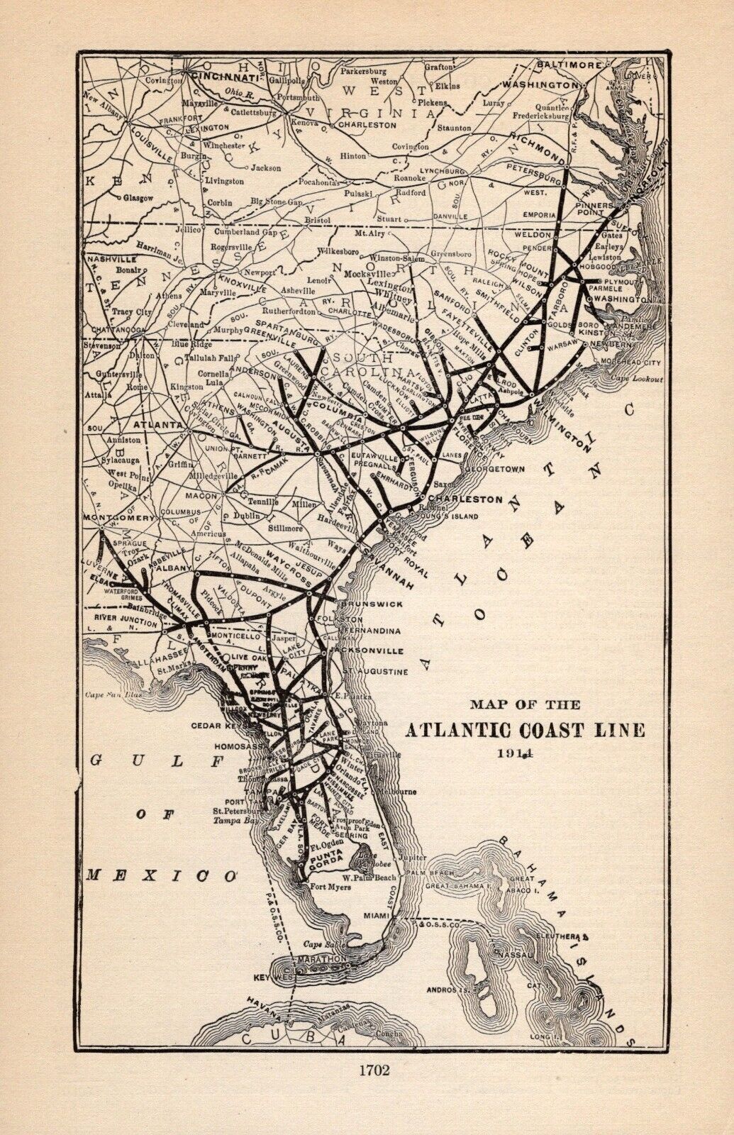 1914 Antique ATLANTIC COAST Line RAILROAD Map Vintage Railway Map 1543
