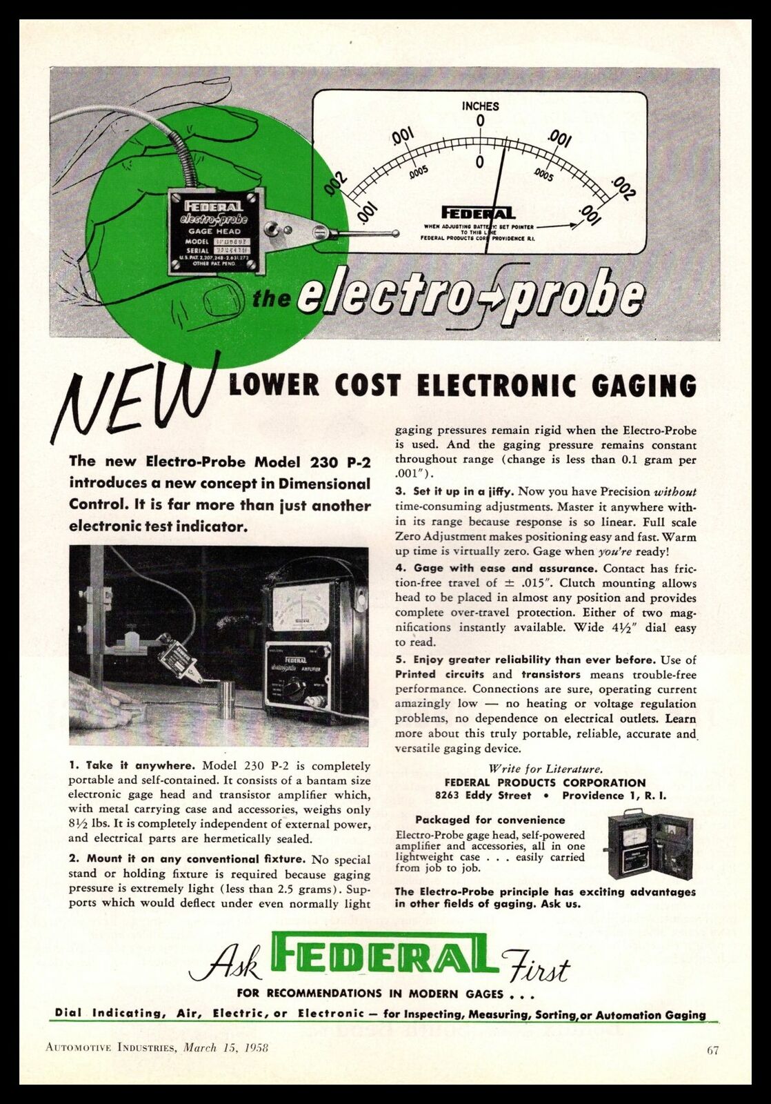 1958 Federal Products Providence RI Electro-Probe Model 230 P-2 Tester Print Ad