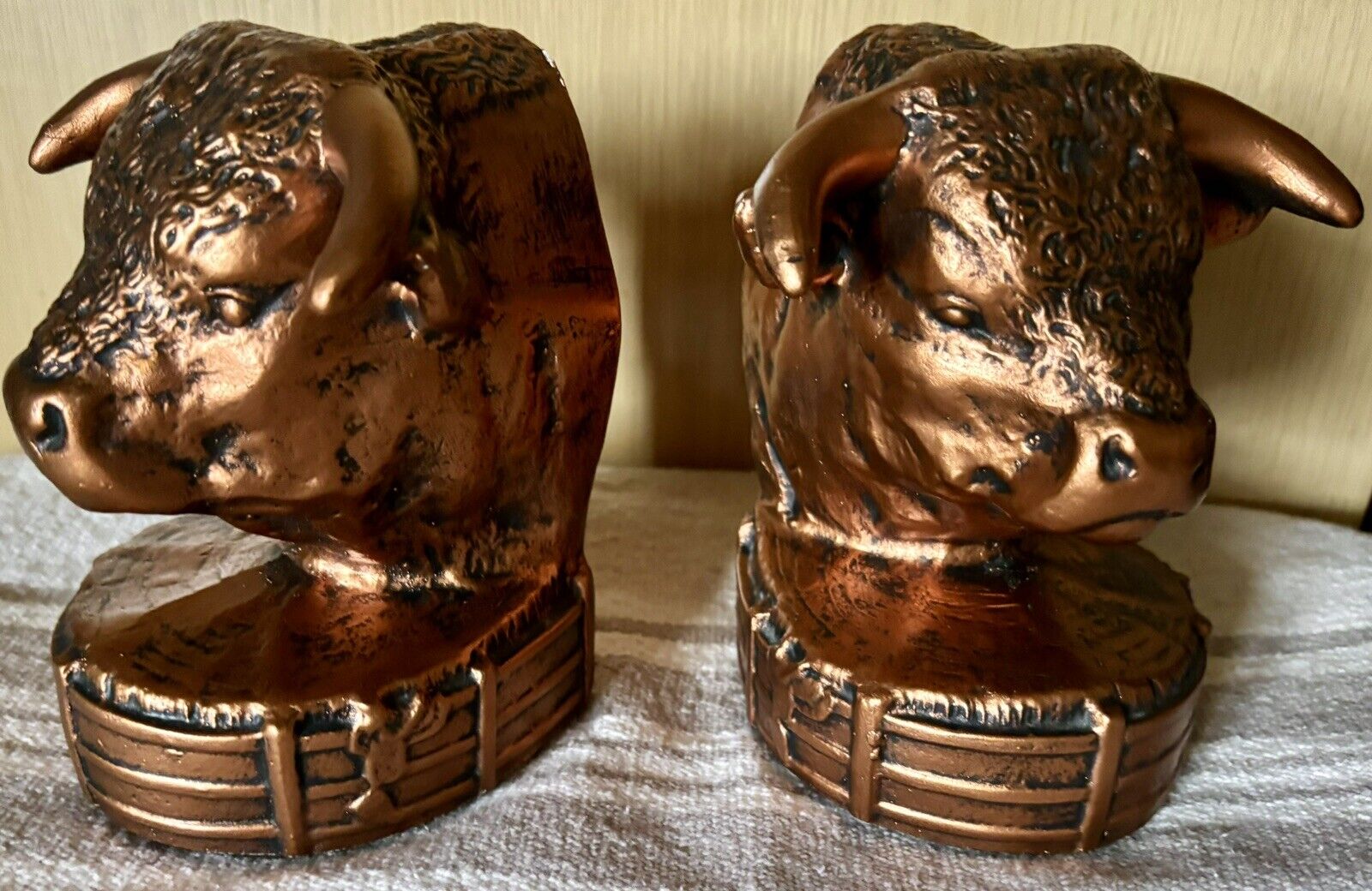 Custom Antique Copper Bull Heavy Bookends, RARE 
