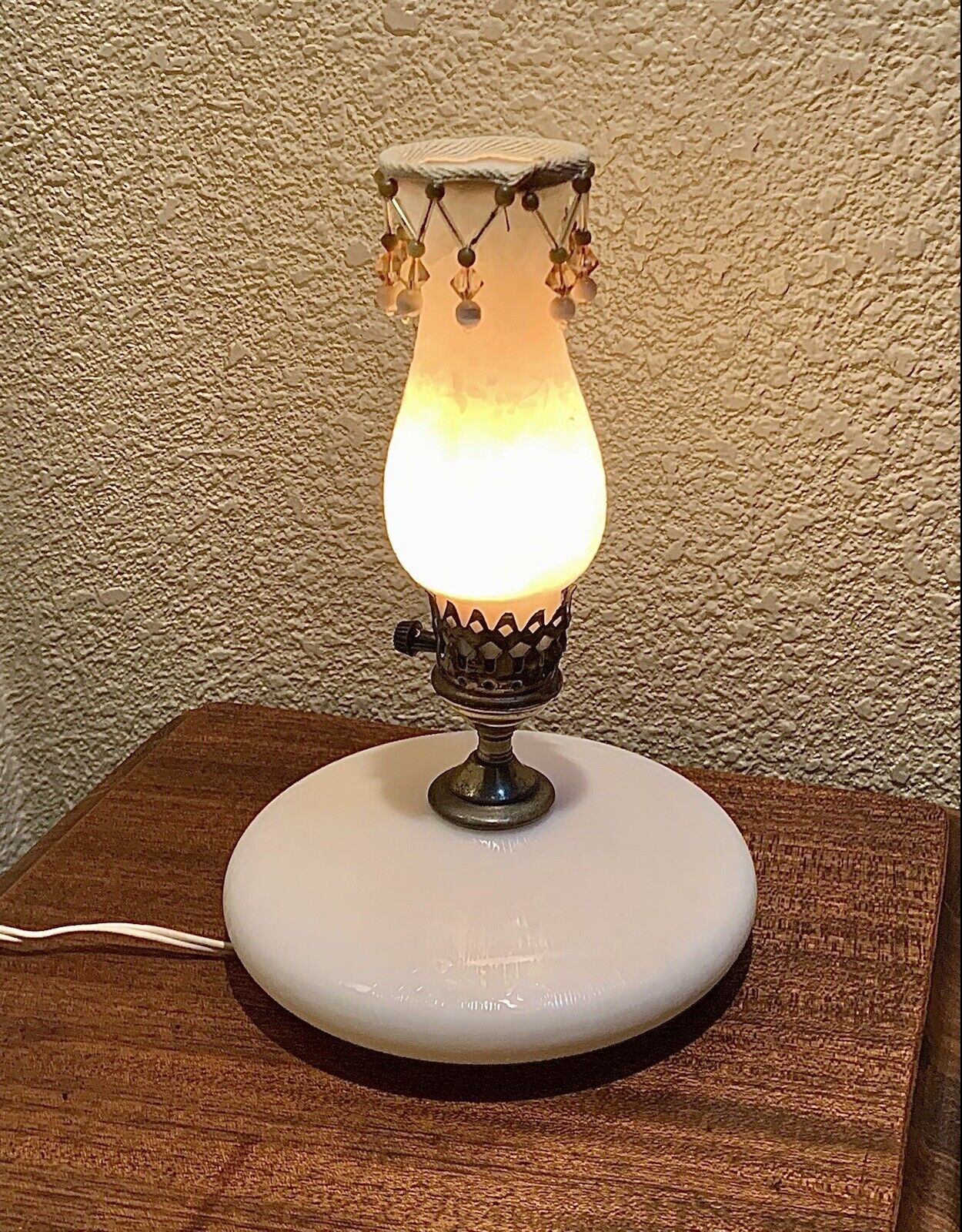 Fenton Ivory Glass Flower Embossed Pancake Lamp c. 1930s