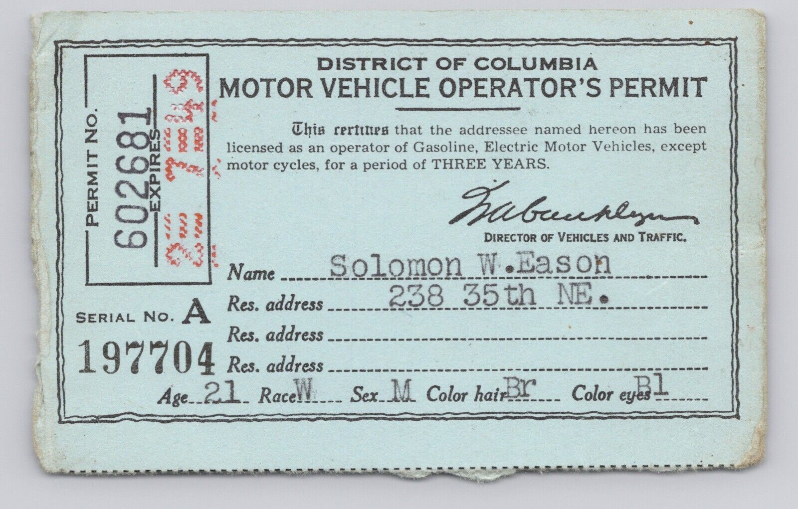 1949 District of Columbia Washington DC Motor Vehicle Operator\'s Permit License