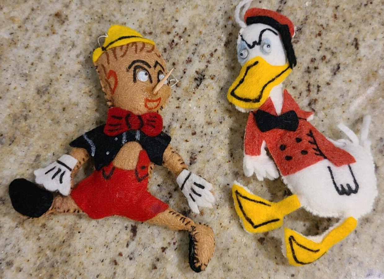 Vintage Felt Christmas Ornaments Googly Eyes Pinocchio &  Donald Duck. Set