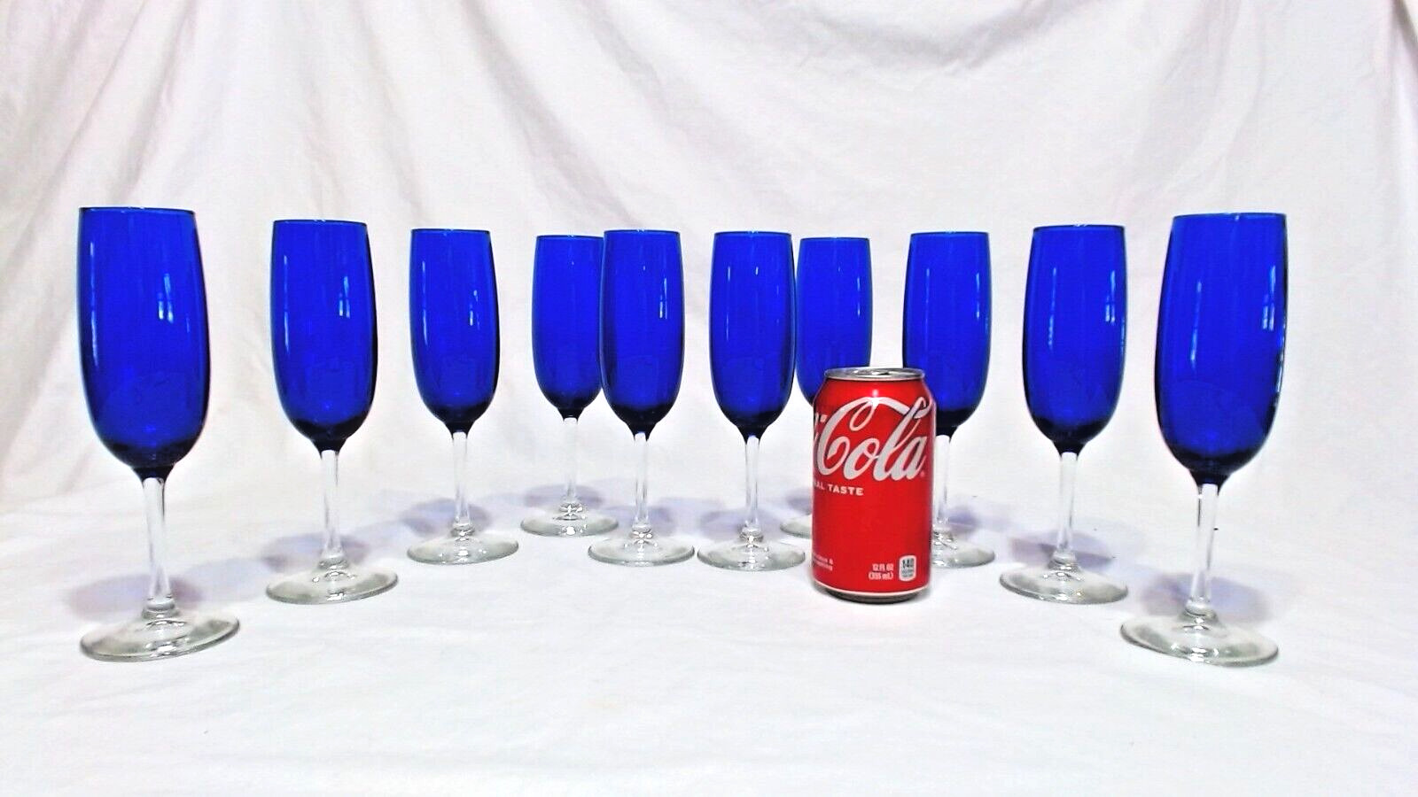 VINTAGE COBALT BLUE GLASS TOP & CLEAR STEM CHAMPAYNE GOBLETS, SET 10, 8