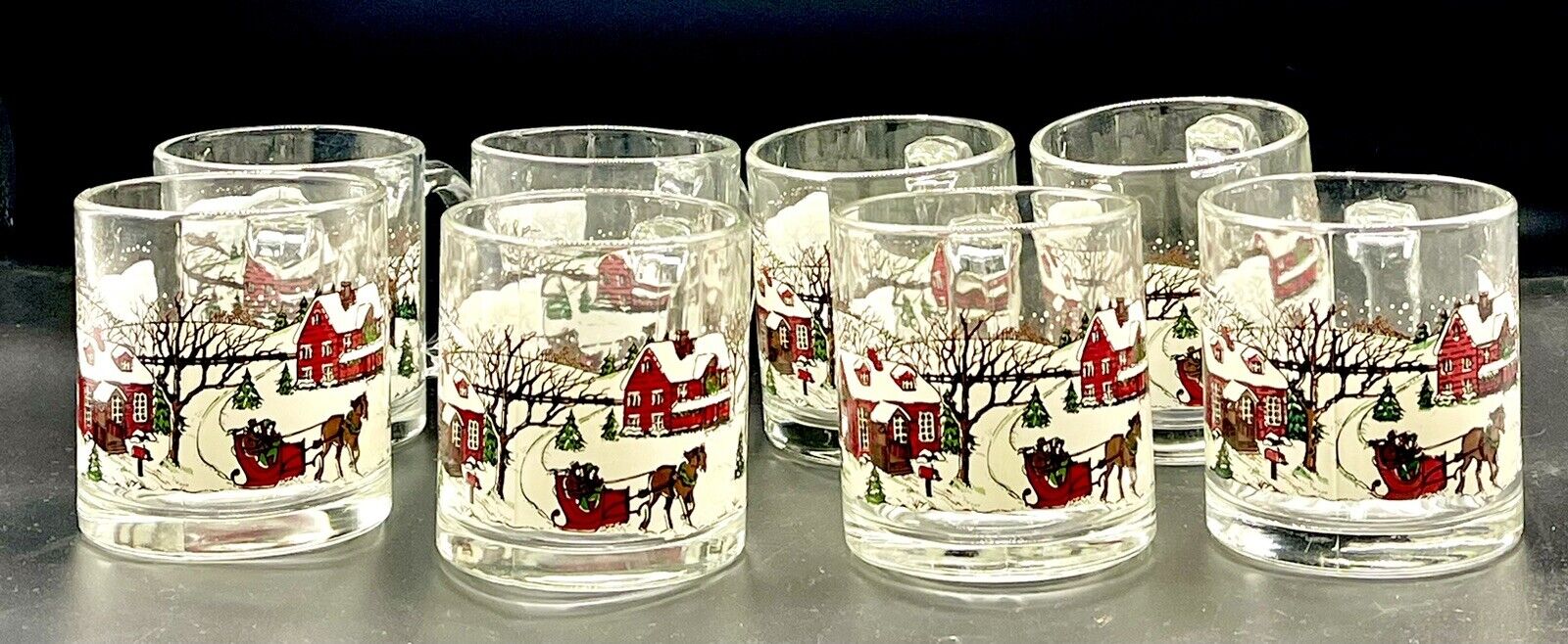 (8) Libbey CURRIER & IVES Winter Village Scene Christmas Glass Coffee Cups Mugs