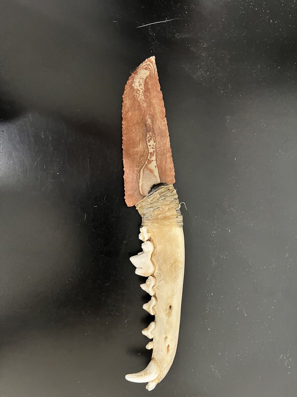 Handmade Flint Knapped Knife Blade With Deer Skull Handle