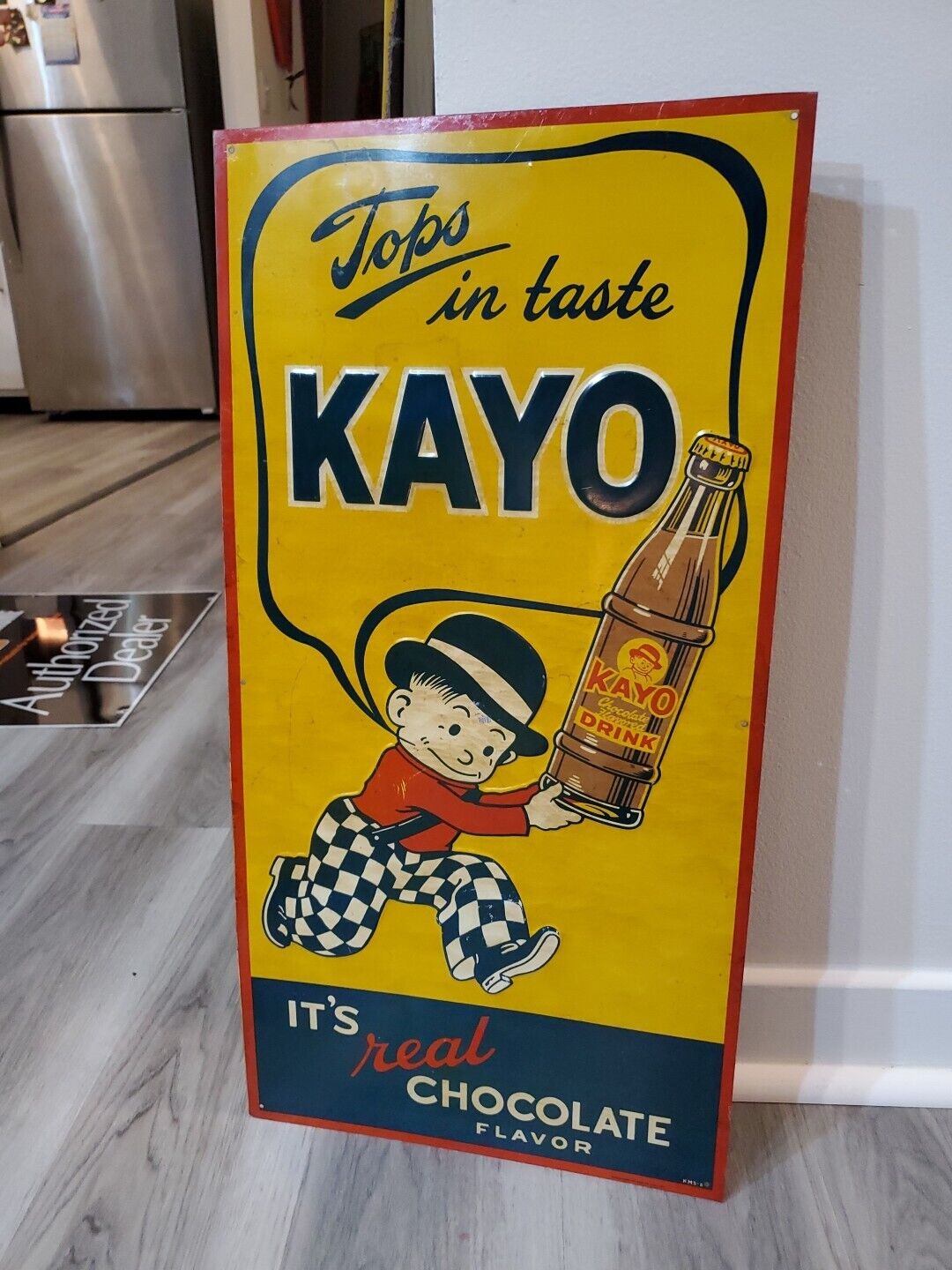c.1940s Original Vintage Kayo Chocolate Drink Sign Metal Embossed Boy MINT RARE
