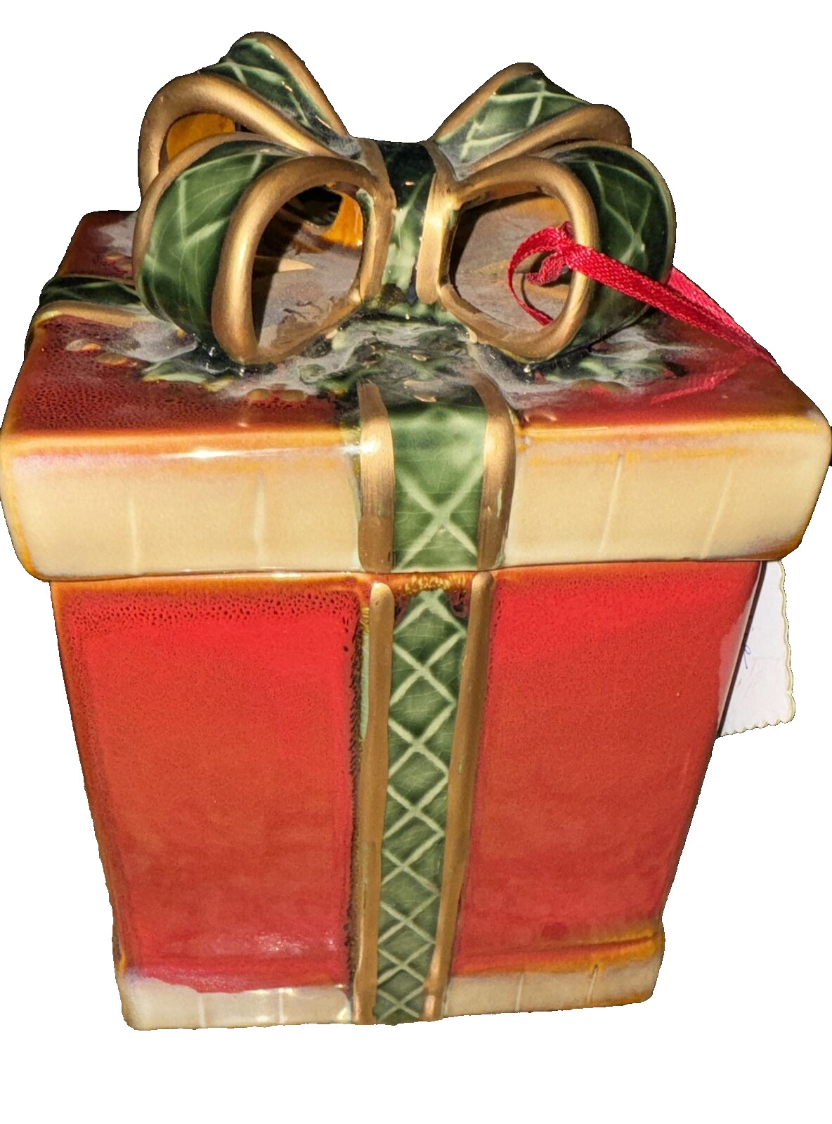 Vintage Wrapped Present Red Ceramic Clay Cookie Jar by Gibson Home Collection