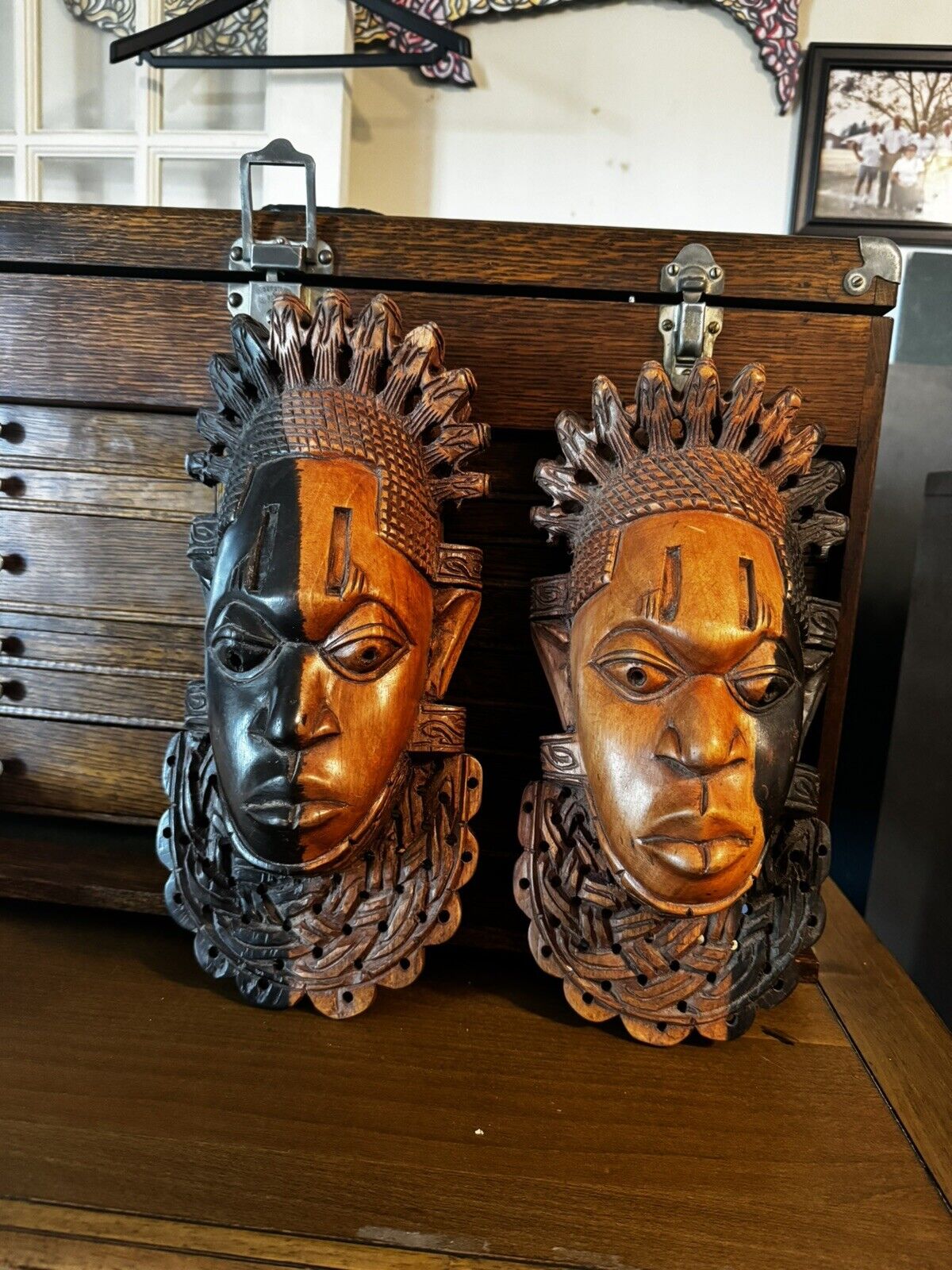 2 each vintage carved wood queen mother idia masks