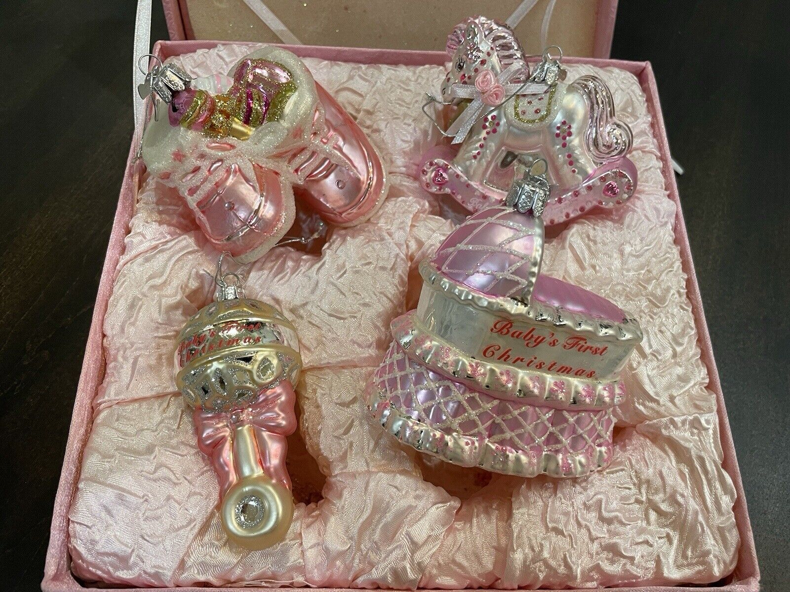 Kurt S Alder-Baby Girl First Christmas Ornaments 4pc Set Glass Boxed Keepsake 92