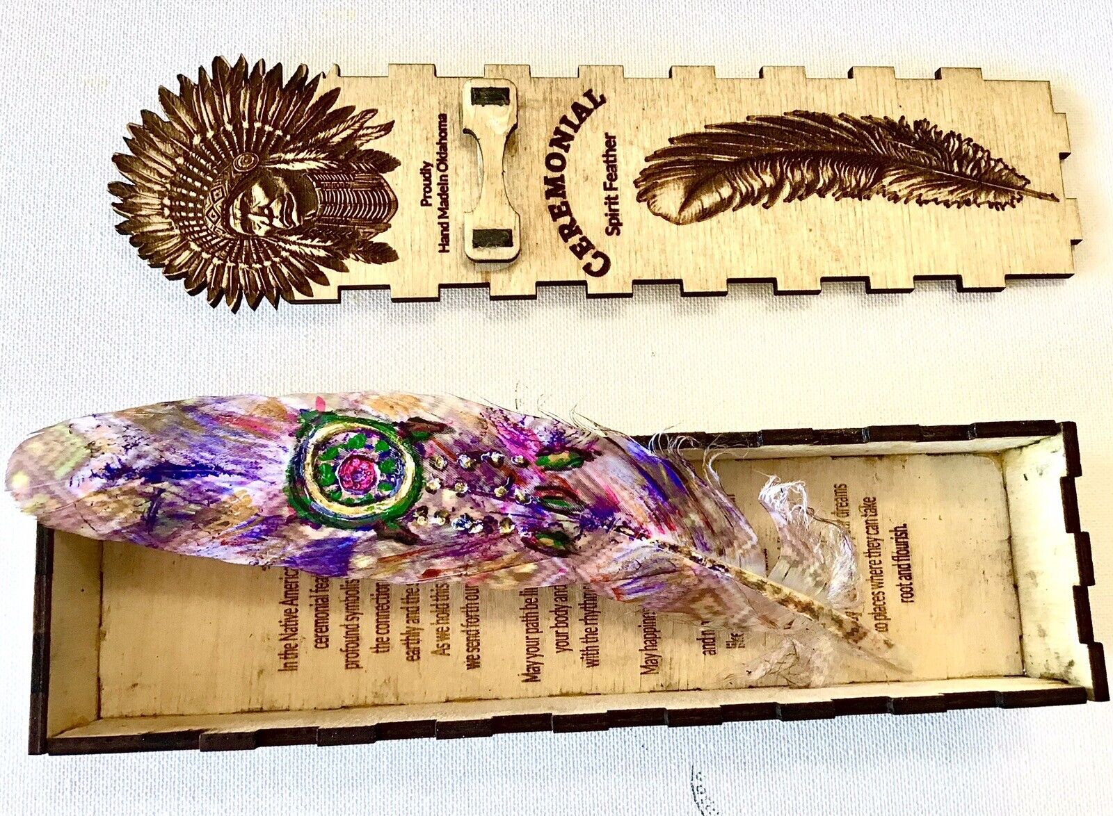 Hand Painted Spirit Feather, Custom Made Wooden Box, Native American Theme 9x1x2