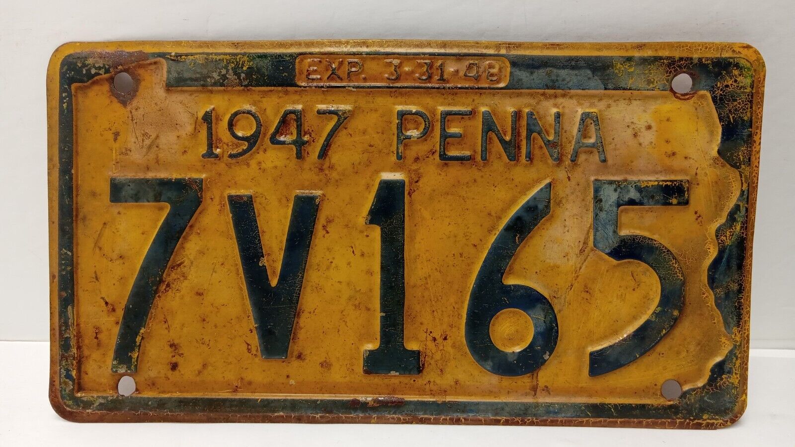 1947  Pennsylvania License Plate 7V165 Yellow/ Blue EXP 3-31-48