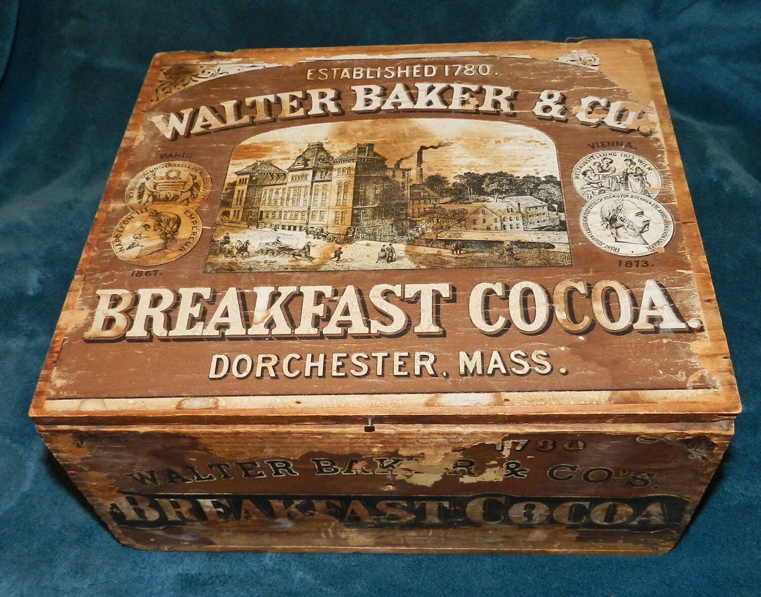 RARE ANTIQUE/PRIMITIVE WOOD WALTER BAKER 1780 BREAKFAST COCOA BOX ORIGINAL LABEL