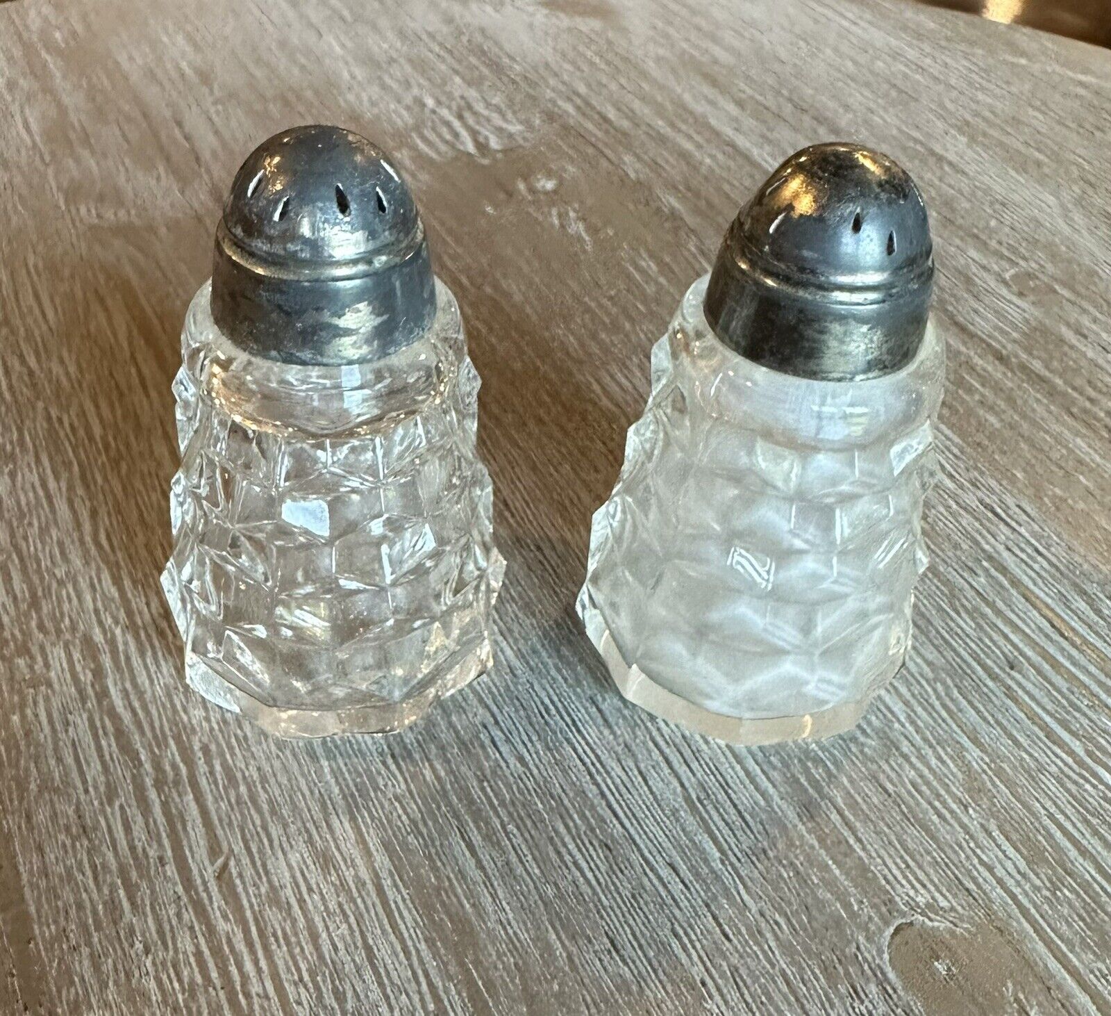 Vintage American Fostoria Glass Salt Pepper Shakers w/ Metal Caps