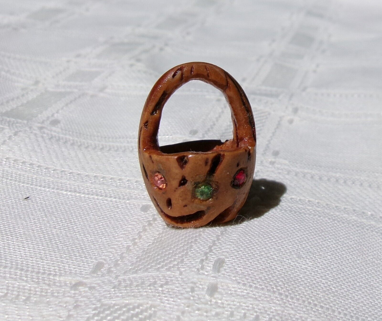 Vintage  Folk Art Hand-Carved Peach Pit Basket with Rhinestones