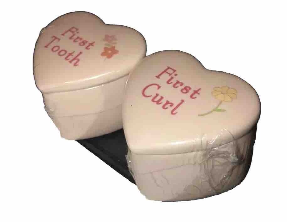 Two New Babies First Tooth And First  Curl  Trinket Boxes Heart Shaped Fun