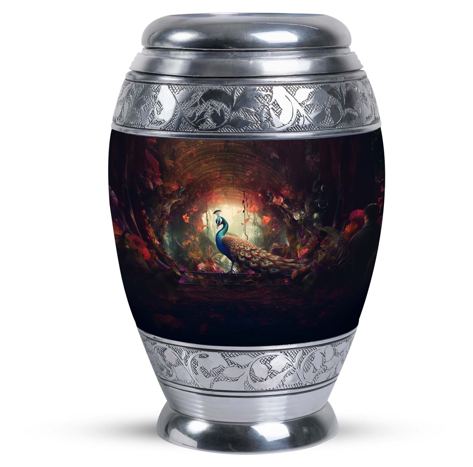 Funeral Urns Peacock In A Red Forest (10 Inch) Large Urn