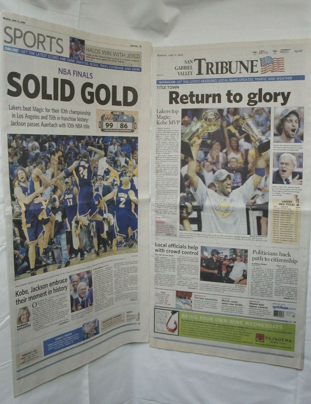 San Gabriel Valley Tribune NBA Finals Lakers Kobe Bryant Newspaper June 15, 2009
