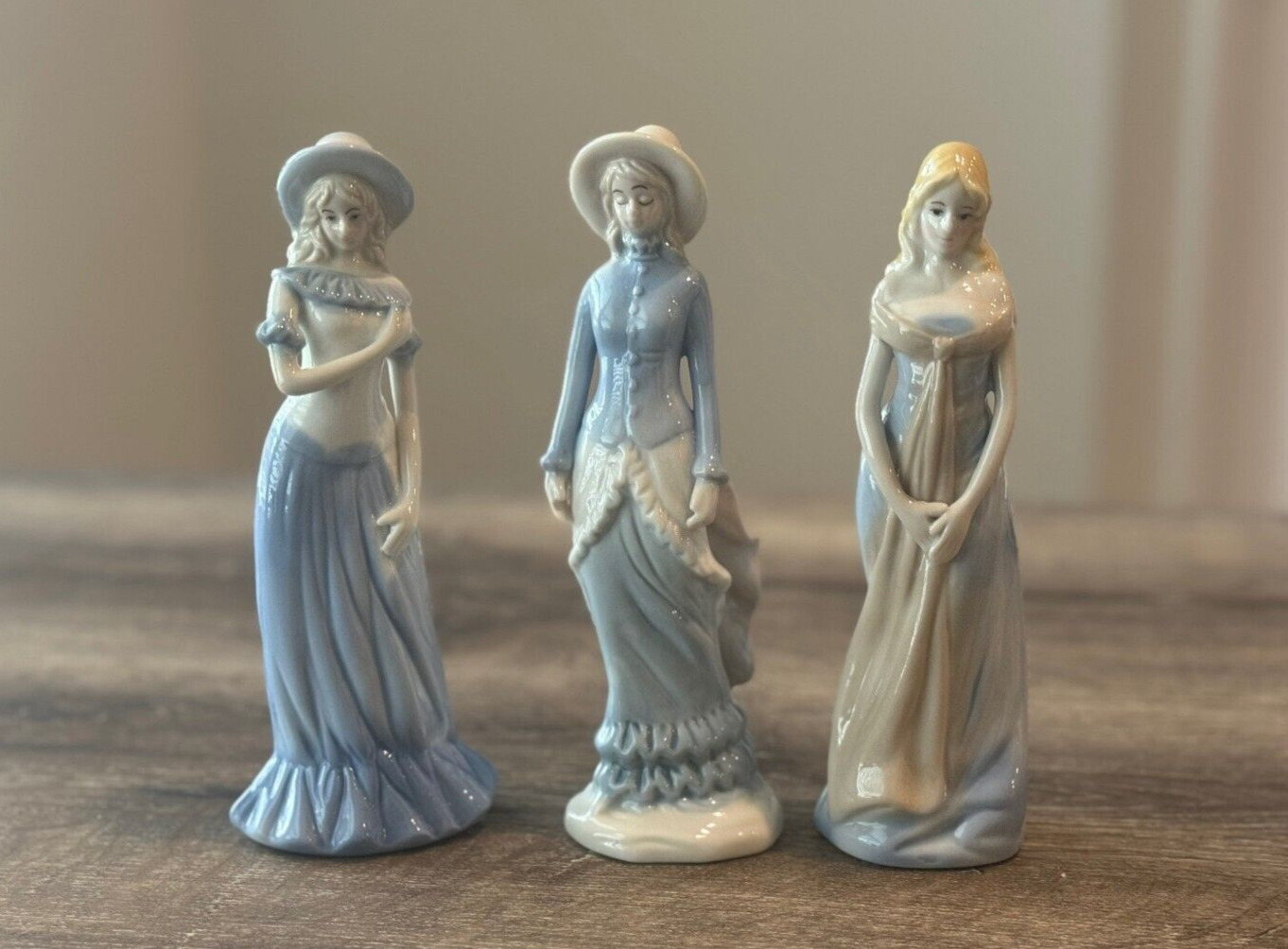 Set of 3, Victorian Lady Figurine Glazed Porcelain Blue White.