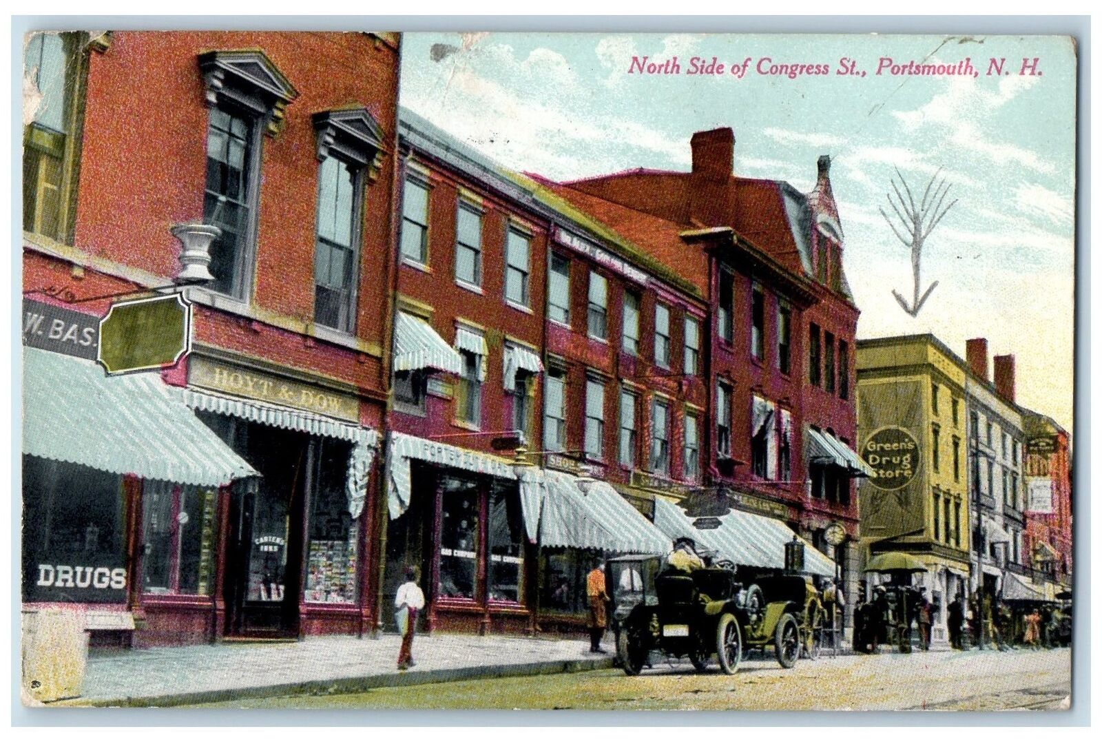 1925 North Side Of Congress St. Drugs Store Scene Portsmouth NH Posted Postcard