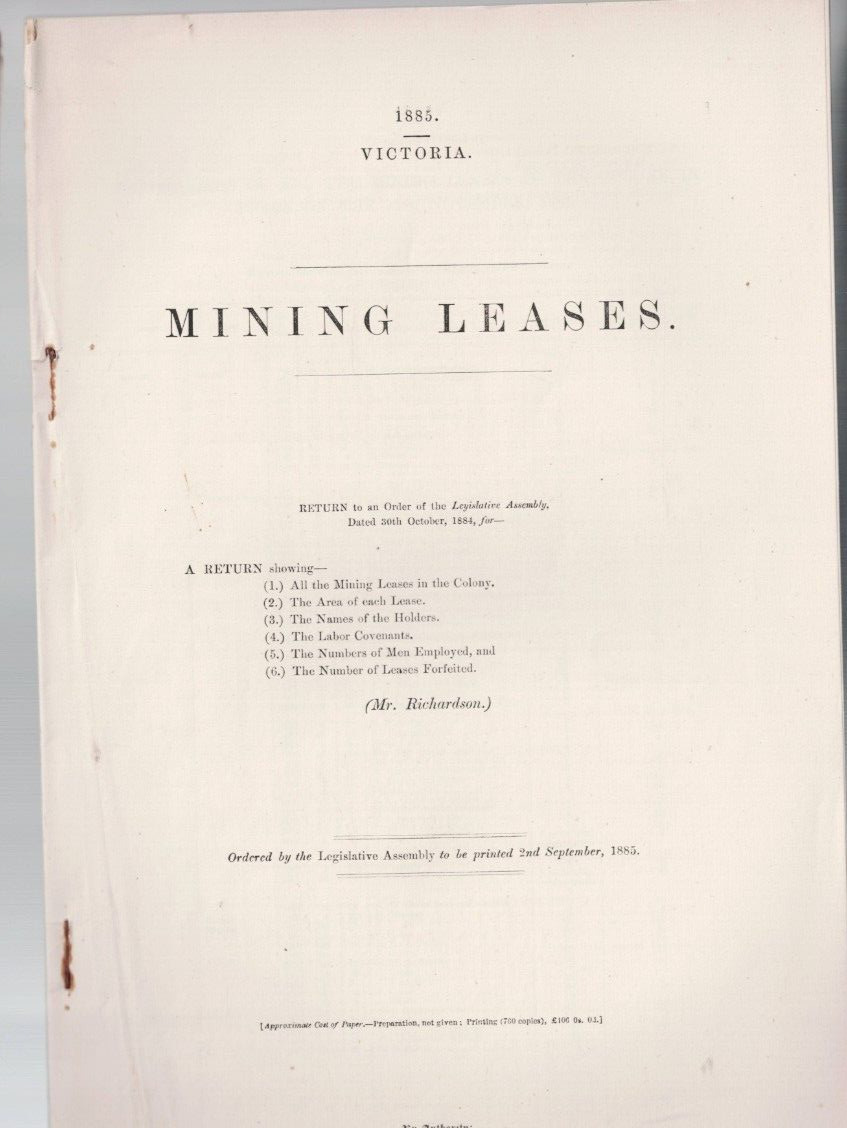 AUS PARLIAMENT PAPERS ,VICTORIA 1885 , MINING LEASES