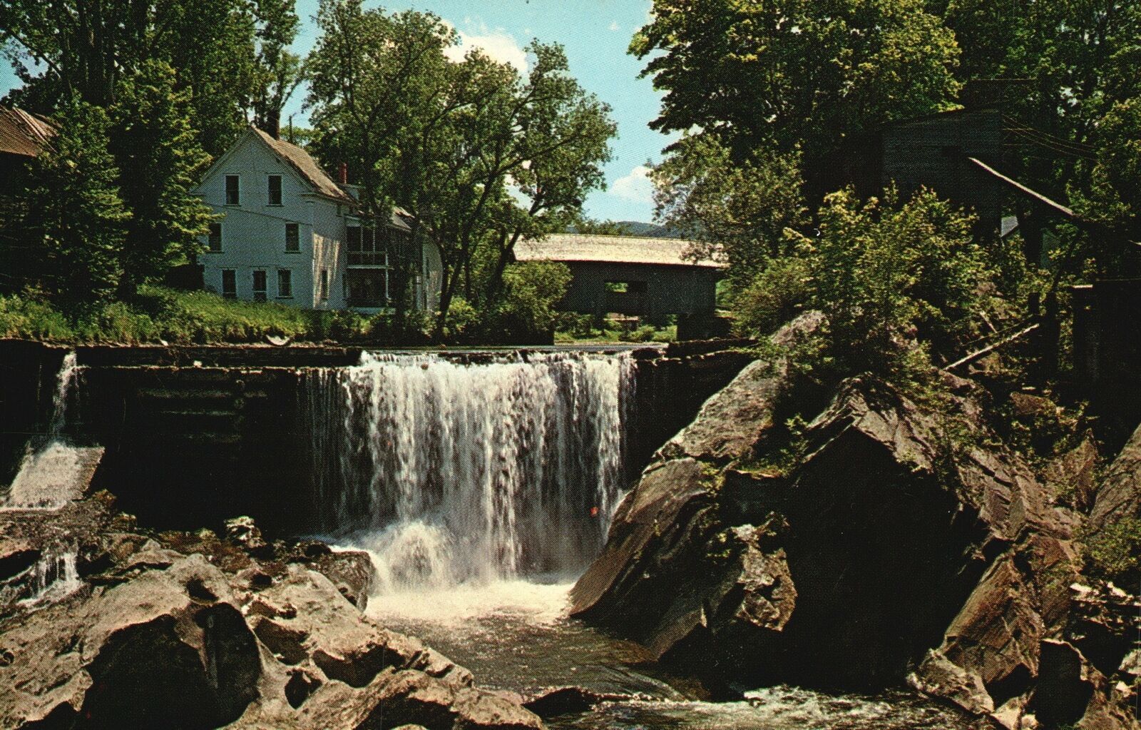 Vintage Postcard View of Falls and Covered Bridge Warren Vermont VT