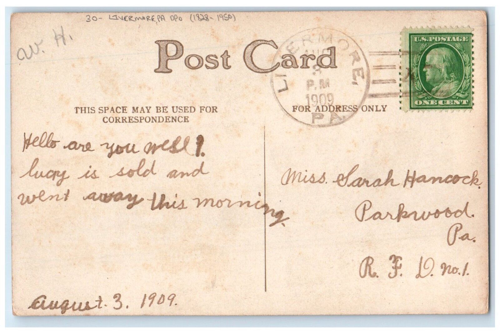 1909 Greetings Deer Livermore Pennsylvania PA DPO 1828-1950 Antique Postcard