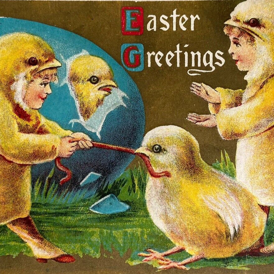 Postcard EASTER Easter Greetings Chicks and Children Dressed as Chicks 1911