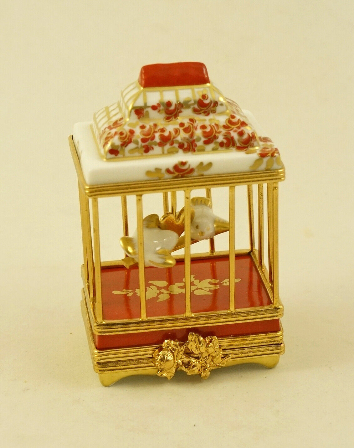 New French Limoges Trinket Box Cute Love Birds in Valentines Floral Cage w Roses