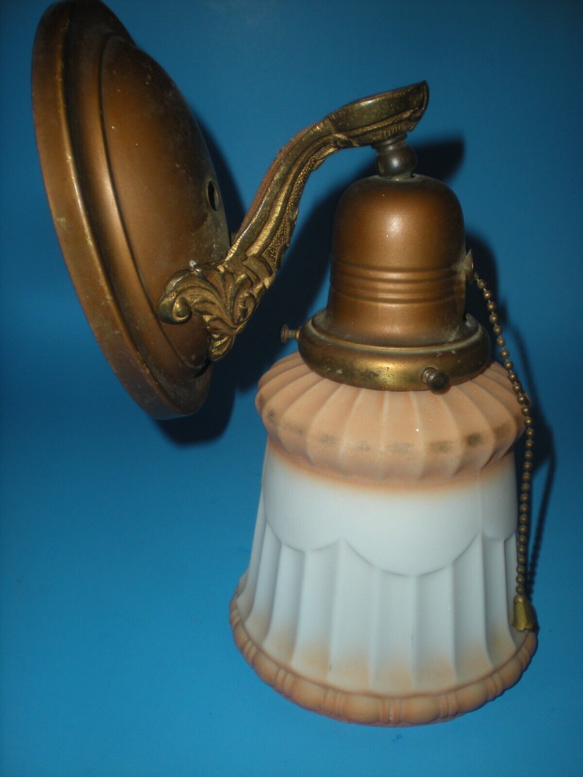 Antique Brass Wall Sconce Fixture With vtg Art Deco Polychrome Pleated Shade
