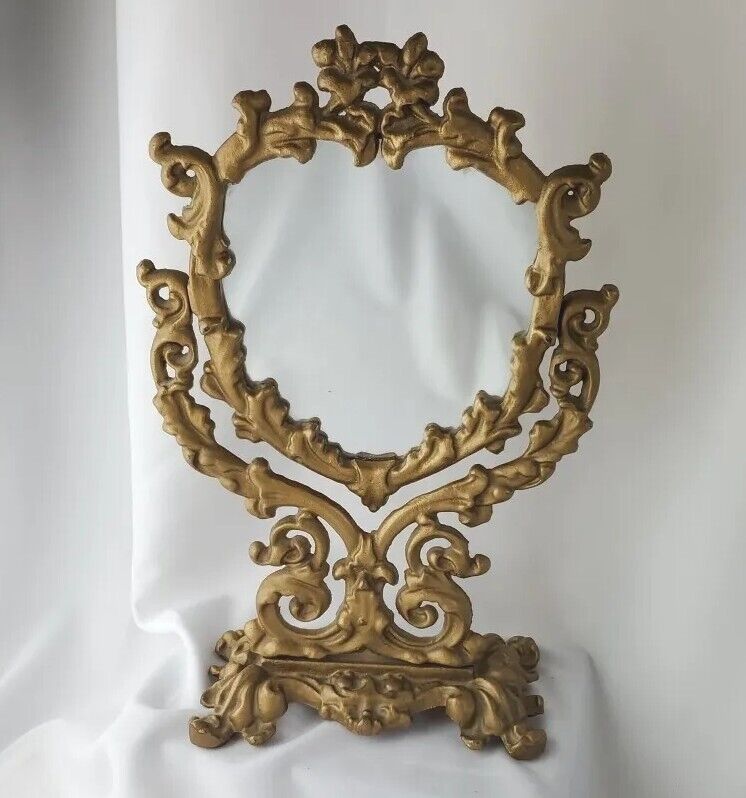 Vtg Cast Iron Goldtone Vanity Table Mirror Victorian Tilt Ornate Pedestal 12 in