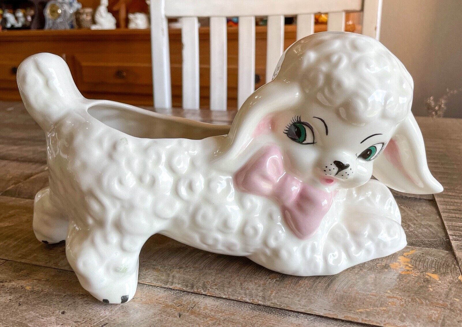 Vintage White Lamb Planter Figurine With Pink Bow Large 10.5” X 6.5”