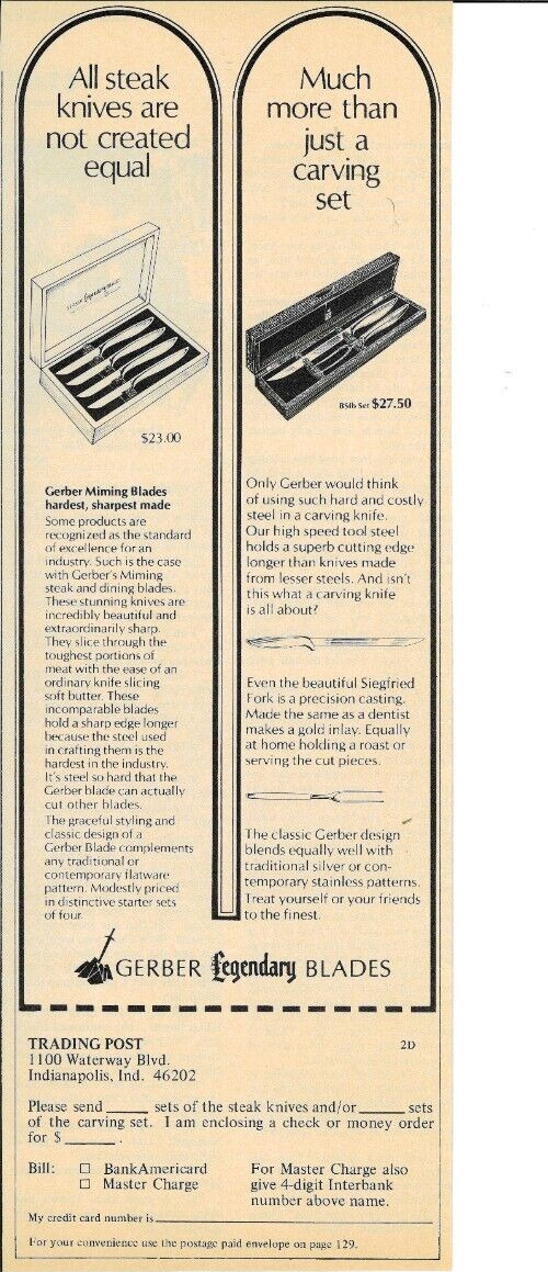 1973 GERBER Knives Steak Carving Legendary Blades Mail Order Vintage Print Ad