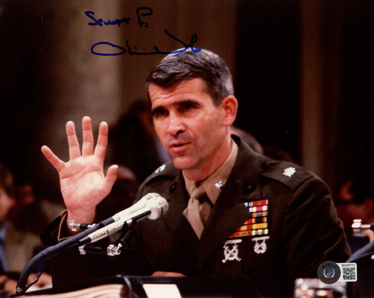 OLIVER NORTH SIGNED AUTOGRAPHED 8x10 PHOTO IRAN CONTRA SCANDAL USMC BECKETT BAS