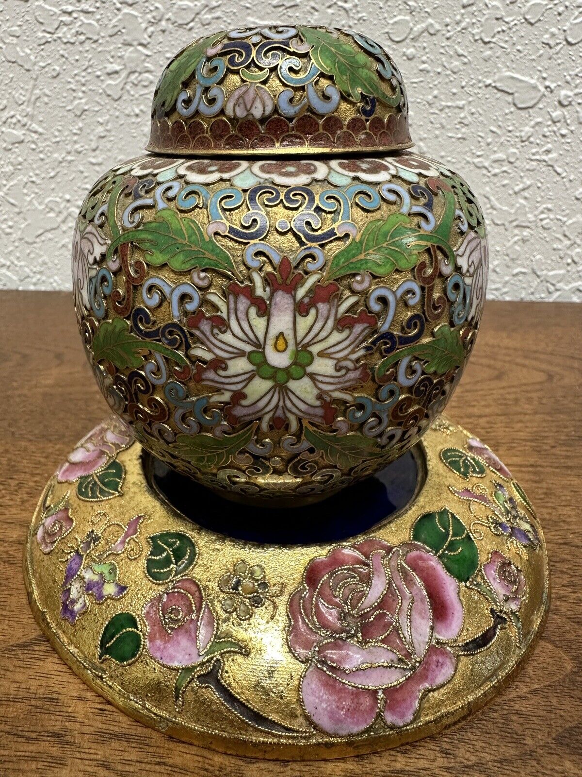 Vintage Chinese Cloisonné Enamel Floral Scroll Lotus Ginger Jar With Base