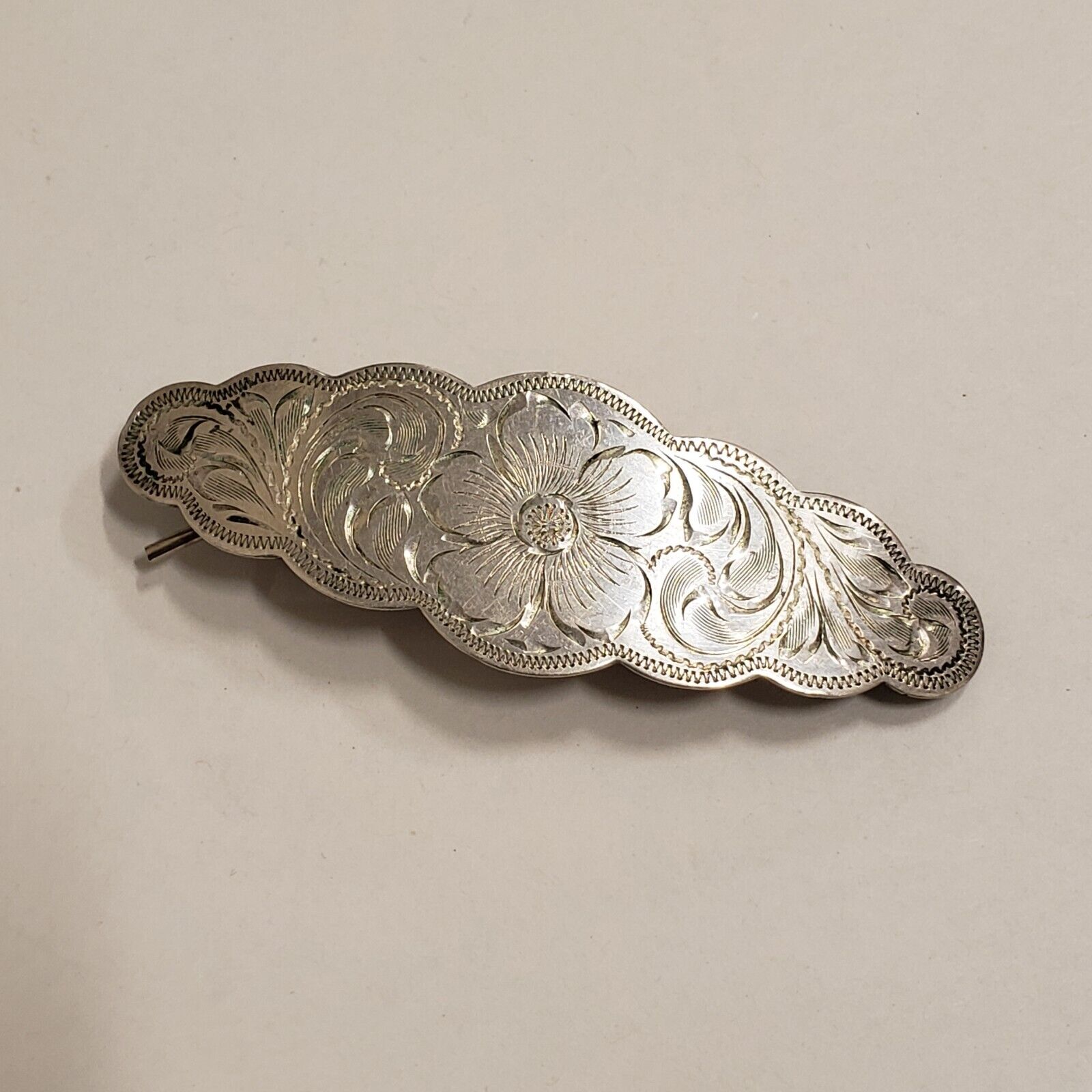 Vintage DIABLO Sterling Silver Western Tooled Engraved Floral Clip Barrette
