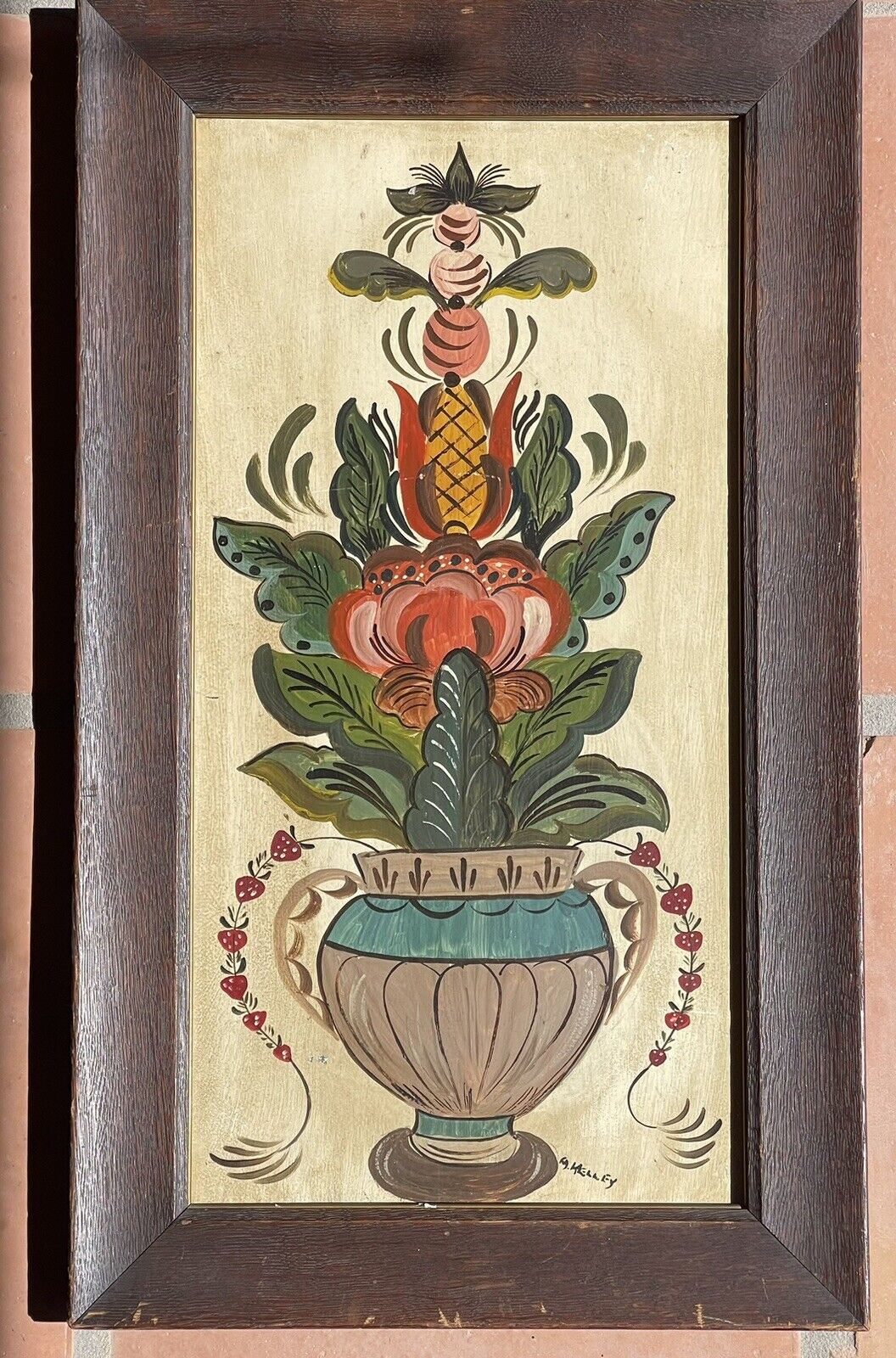 Vintage Framed Hand-Painted Norwegian Rosemaled Folk Art Painted Panel