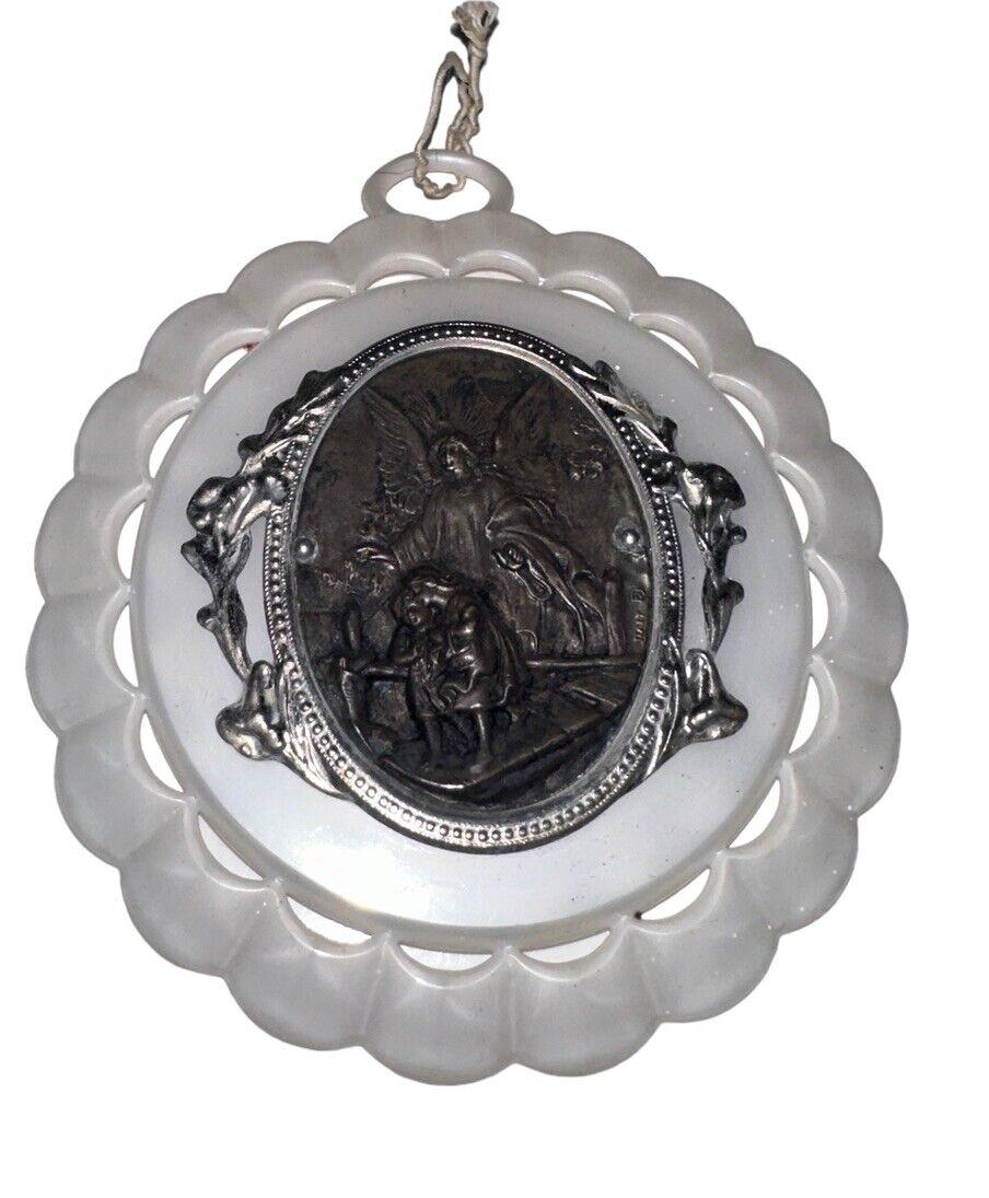 Vintage Unique Round Plastic Catholic Baptism/Crib Medal White Plastic Italy