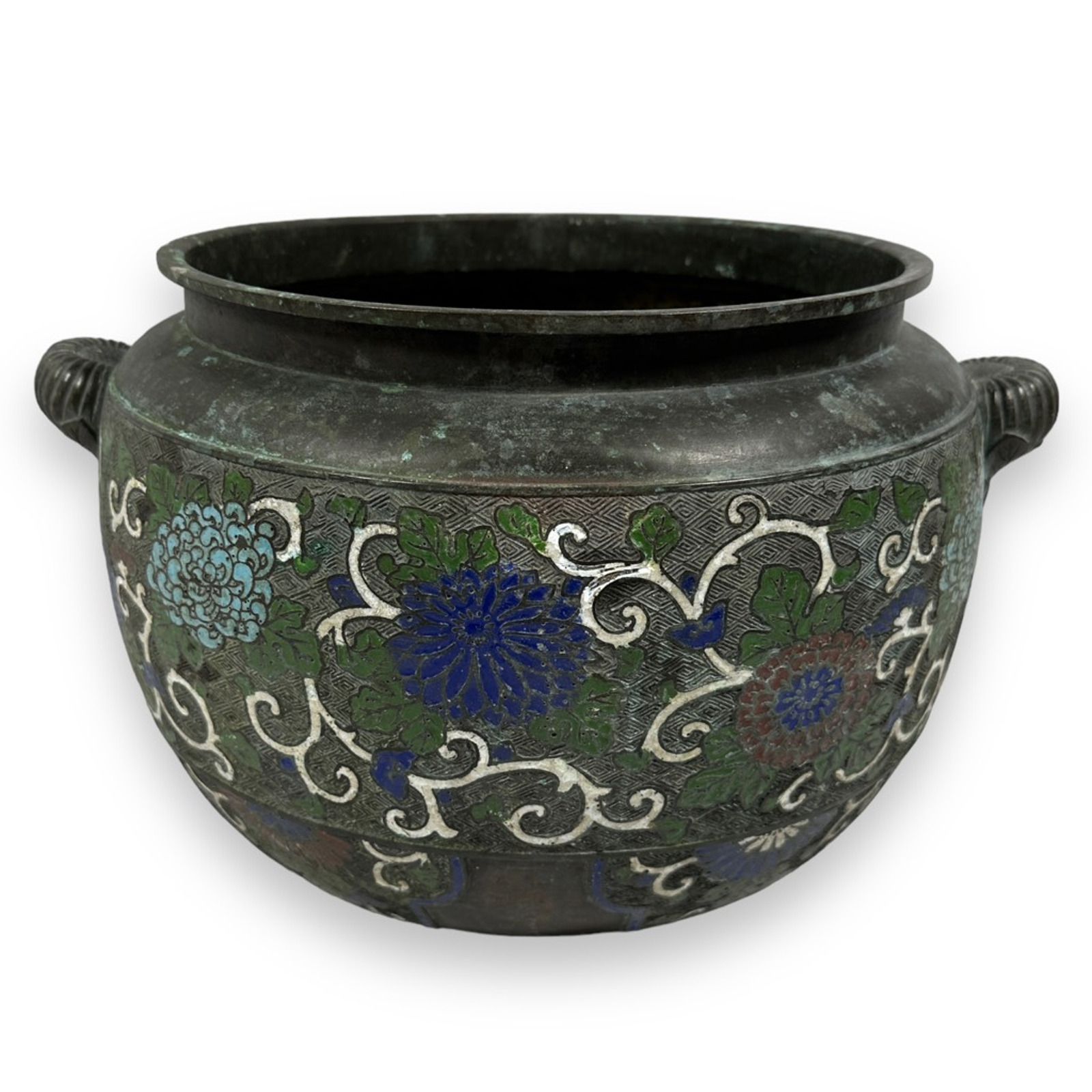 Vintage Chinese Bronze Planter Enamel Cloisonne Champleve Floral Jardiniere Vase
