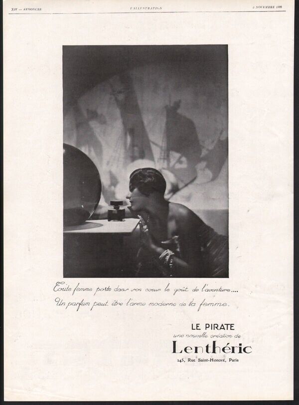 1928 LENTHERIC PERFUME PARIS PIRATE BOTTLE SEXY WOMAN PHOTO BOAT BEAUTY  A20799